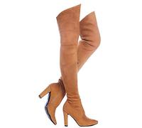 Shoe'N Tale Women's Stretch Suede Chunky Heel Thigh High Over The Knee, brown, 9