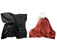 Shoes Lane New Pack of 2 Satin Solid Plain Silk Shiny Scarf Hijab Square Head Neck Wrap 90x90 cm… (Black-Burnt Orange)