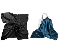 Shoes Lane New Pack of 2 Satin Solid Plain Silk Shiny Scarf Hijab Square Head Neck Wrap 90x90 cm… (Black-Steel Blue)