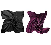 Shoes Lane New Pack of 2 Satin Solid Plain Silk Shiny Scarf Hijab Square Head Neck Wrap 90x90 cm… (Black-Purple)