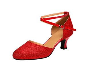 Shoes Social Shoe Sequins Women's Tango Latin Dance Dancing Ballroom Shoes Women's Middle Heels Womens Heeled Sandals Strap Chunky High Heels (Red, 6)