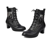 Shoes Women Womens Style Boots Heel Lace Up Boots Pointed Toe Chunky Heel Ankle Wingtip Witch Booties Black