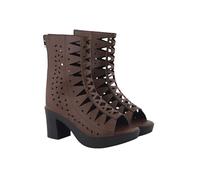 Shoetopia Chic Women's Block Heel Cutout Ankle Boots - Peep Toe Geometric Laser Cut Design, Back Zipper Closure, Brown, 8 UK