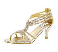 Shoezy Womens Diamante Low Mid Heels Bridal Sandals Strappy Kitten Heeled Shoes Wedding Evening Party Prom Gold UK 6 (EU 39)