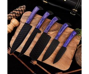 SHOHASS Handmade Carbon Steel Kitchen Knife Set with Leather case Cooking Knives Gift for Her Kitchen and Dining (Purple)