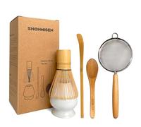 SHONMISEN Bamboo Matcha Whisk Set -Matcha Whisk (Chasen),Whisk Holder(White),Sifter,Tea Scoop and Tea Spoon