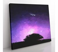 Shooting Star Above the Tree in Abstract Modern Canvas Wall Art Print Ready to Hang, Framed Picture for Living Room Bedroom Home Office Décor, 35x35 cm (14x14 Inch)
