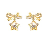 Shooting Star Bow Stud Earrings for Women, S925 Silver, Needle, Cubic Zirconia Crystal, Creative Asymmetrical Earrings, Sweet Designer Jewelry Piece including White Gift Box