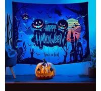 shoowyees Halloween Blacklight Wall Tapestry - Night Tapestry Wall Hanging Haunted Woods with Grave and Pumpkins, UV Reactive Wall Blanket for Bedroom Living Room Dorm Decor