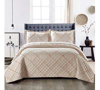 Shop Direct 24 Ruffle Quilt Bedspread 2 Piece Set - Reversible Embossed Quilted Bed Throw Bedspreads with 1 Pillow Sham (Single, Beige)