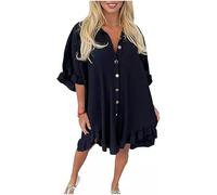 Shop Nova® Womens Ladies Gold Button Pleated Frill Summer Shirt Swing Smock Mini Dress Top (Black, 22)