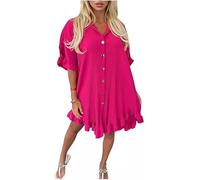 Shop Nova® Womens Ladies Gold Button Pleated Frill Summer Shirt Swing Smock Mini Dress Top (Cerise, 26)