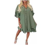 Shop Nova® Womens Ladies Gold Button Pleated Frill Summer Shirt Swing Smock Mini Dress Top (Khaki, 16)