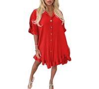 Shop Nova® Womens Ladies Gold Button Pleated Frill Summer Shirt Swing Smock Mini Dress Top (Red, 18)
