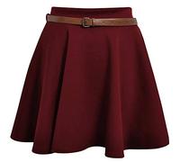Shop Nova® Womens Plain/Check Tartan Print Belted Skirt Elasticated Waist Skirts Ladies Stretch Flippy Short Flared Mini Skater Size UK 8-26 (Wine, 14)