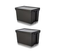 Shop4allsorts 2 x Large Black Heavy Duty Storage Box 45L Upcycled Recycled Plastic Box With Lid 49cm x 39cm x 32cm
