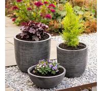 Shop4allsorts 3 Piece Grey Round Plant Pot Set - Amalfi Stone Effect Decorative Patio Plant Pots - Large Pot - Small Pot and Bowl Planter - Indoor and Outdoor Planters.