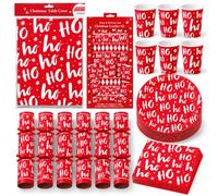 Shop4allsorts Christmas Party Tableware Set, 39 Piece - 6 Person Christmas Dinner Set - Red Contemporary HoHoHo Design, Plastic Table Cloth Cover, Paper Plates, Napkins, Cups, MYO Crackers