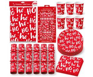 Shop4allsorts Christmas Party Tableware Set, 39 Piece - 6 Person Christmas Dinner Set - Red Contemporary HoHoHo Design, Plastic Table Cloth Cover, Paper Plates, Napkins, Cups, MYO Crackers