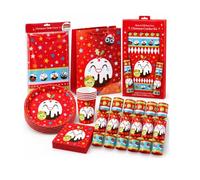 Shop4allsorts Christmas Party Tableware Set, 40 Piece - 6 Person Christmas Dinner Set - Red Cute Spout & Xmas Pudding, Plastic Table Cloth Cover, Paper Plates, Napkins, Cups, MYO Crackers