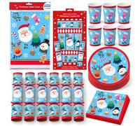 Shop4allsorts Kids Christmas Party Tableware Set, 39 Piece - 6 Person Christmas Dinner Set - Blue Cute Characters, Plastic Table Cloth Cover, Paper Plates, Napkins, Cups, MYO Crackers