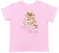 Shopagift Afternoon Tea First Talk Later Funny Chai Cake Kids T-Shirt Childrens Tee Boys Girls Light Pink