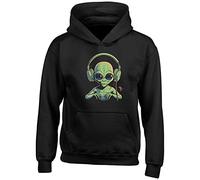 Shopagift Alien Music Headphones Kids Hoodie DJ Dance, Party, Rock Roll Indie Concert Gift Hoody Hooded Top Black