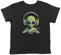 Shopagift Alien Music Headphones Kids T-Shirt DJ Dance, Party, Rock Roll Indie Concert Childrens Tee Gift Black