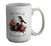 Shopagift Bird Watching Mug Early Birds get The Best Bird Pics White 15oz Large Ceramic Cup