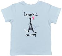 Shopagift Bonjour Ca Va? Kids T-Shirt Hello How are You? French Childrens Tee Boys Girls Light Blue