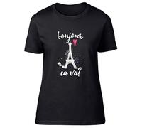 Shopagift Bonjour Ca Va? Womens T-Shirt Hello How are You? French Ladies Tee Black