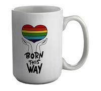 Shopagift Born This Way Gay Pride Mug Hands Holding Pride Flag LGBTQ+ White 15oz Large Ceramic Cup