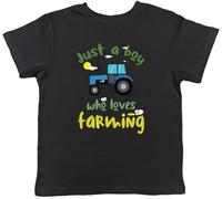 Shopagift Boy Who Loves Farming Kids T-Shirt Tractor Farm Farmer Childrens Tee Boys Girls Black