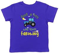 Shopagift Boy Who Loves Farming Kids T-Shirt Tractor Farm Farmer Childrens Tee Boys Girls Blue