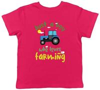Shopagift Boy Who Loves Farming Kids T-Shirt Tractor Farm Farmer Childrens Tee Boys Girls Pink
