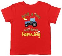 Shopagift Boy Who Loves Farming Kids T-Shirt Tractor Farm Farmer Childrens Tee Boys Girls Red