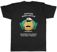 Shopagift Captain Couch Potato Mens T-Shirt Funny Defending The Remote Tee Gift Black
