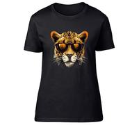 Shopagift Cheetah Face Womens T-Shirt Big Cat with Sunglasses Ladies Tee Black