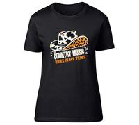 Shopagift Country Music Womens T-Shirt Runs in My Veins Cowboy Hat Ladies Tee Black