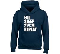 Shopagift Eat Sleep Swim Repeat Kids Hoodie Funny Swimming Hoody Hooded Top Boys Girls Navy Blue