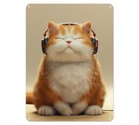 Shopagift Ginger Cat Music Headphones Metal Poster Wall Sign Man Cave Shed Bar Bedroom Home Kitchen - A5