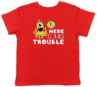 Shopagift Here Comes Trouble Childrens Kids T-Shirt Gift Red