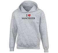 Shopagift I Love Manchester Kids Hoodie Mancunian Hoody Hooded Top Boys Girls Grey
