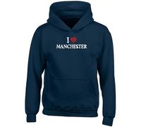 Shopagift I Love Manchester Kids Hoodie Mancunian Hoody Hooded Top Boys Girls Navy Blue