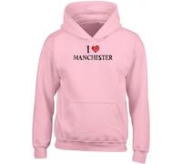Shopagift I Love Manchester Kids Hoodie Mancunian Hoody Hooded Top Boys Girls Pink