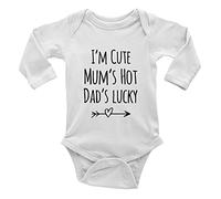 Shopagift I'm Cute Mum's Hot Dad's Lucky Long Sleeve Baby Vest Bodysuit White