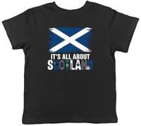 Shopagift It's All About Scotland Bagpipes Tartan Kilts Kids T-Shirt Childrens Tee Boys Girls Black