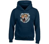 Shopagift Japanese Tiger Kids Hoodie Ferocious Tora Shishi Japan Gift Hoody Hooded Top Navy Blue