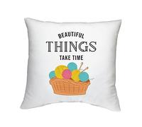 Shopagift Knitting Cushion Cover Beautiful Things Take Time Threading Needle Gift Bedroom Lounge Accessory - 40cm x 40cm