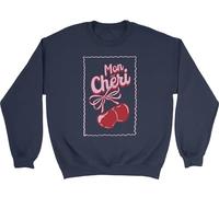 Shopagift Mon Cheri Cherry Fruit Lover National Cherry Day Kids Sweatshirt Jumper Boys Girls Navy Blue